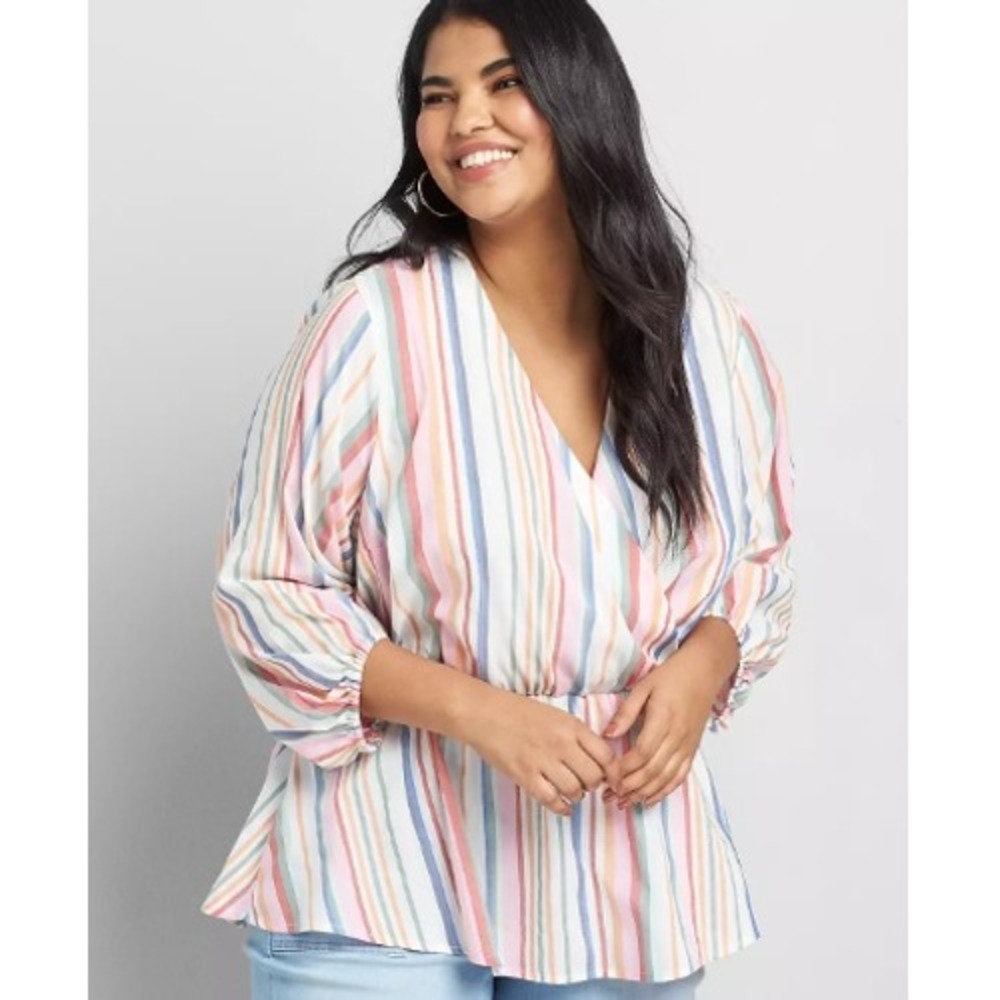 Lane Bryant Womens Plus 16 Striped Peplum Blouse Surplice V-Neck 3/4 Sleeve Top